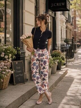 J.CREW Floral Print Cotton Pants White Pockets Straight Leg Mid Rise Size 6‎